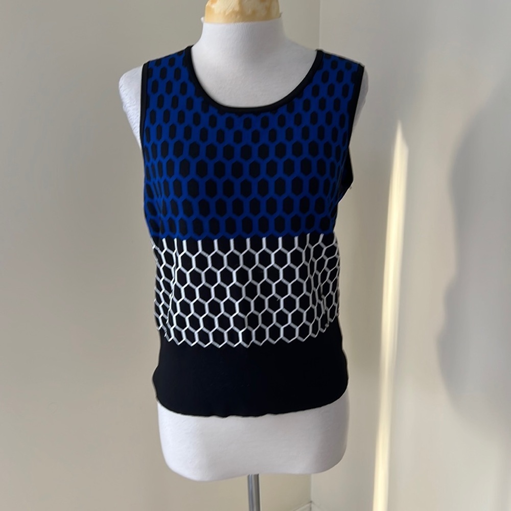 Carlisle medium blue/ black knit sleeveless top.